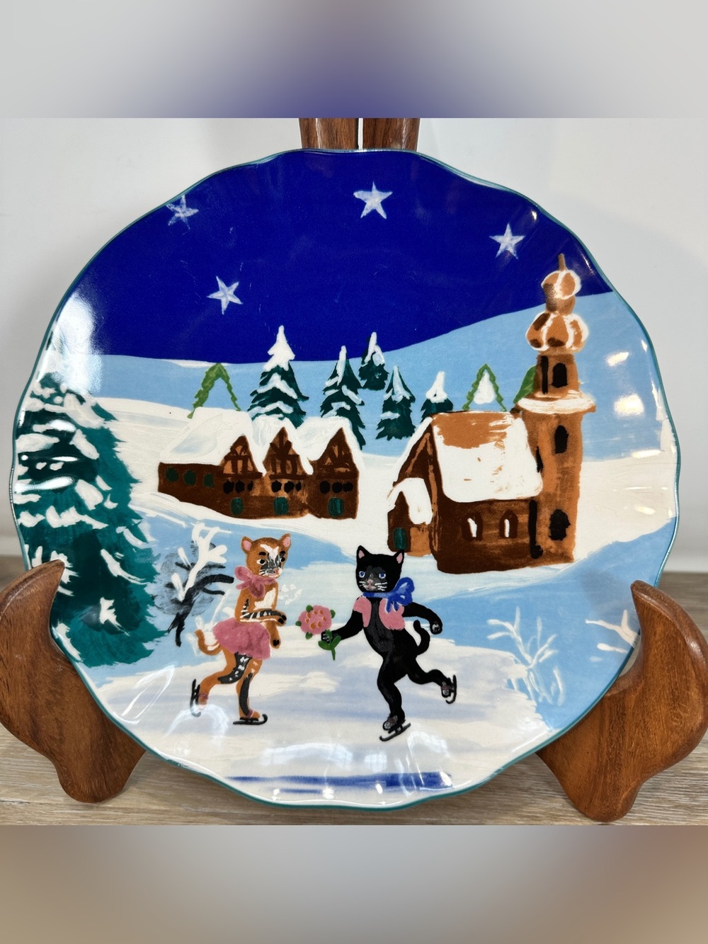 Nathalie Lete Cats Ice Skating Plate De Joyeuses Fetes Anthropologie 8 1/4" EUC